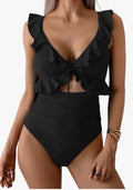 Eomenie Women’s Medium One Piece Black Swimsuit Ruffle Cutout Tummy Control New