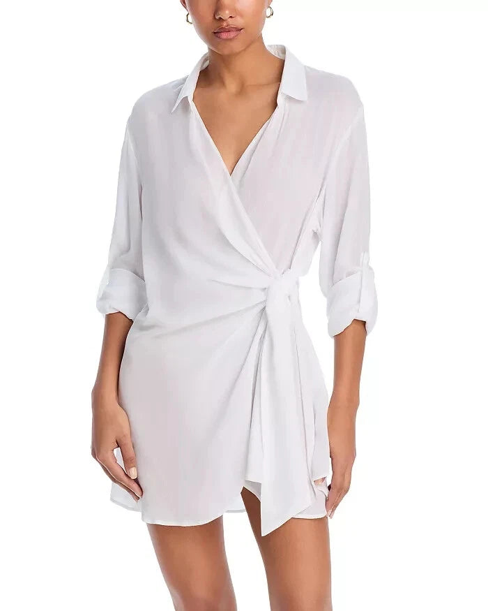 Aqua L85206 Womens Swim White Wrap Shirt Dress Swim Cover-Up Size S