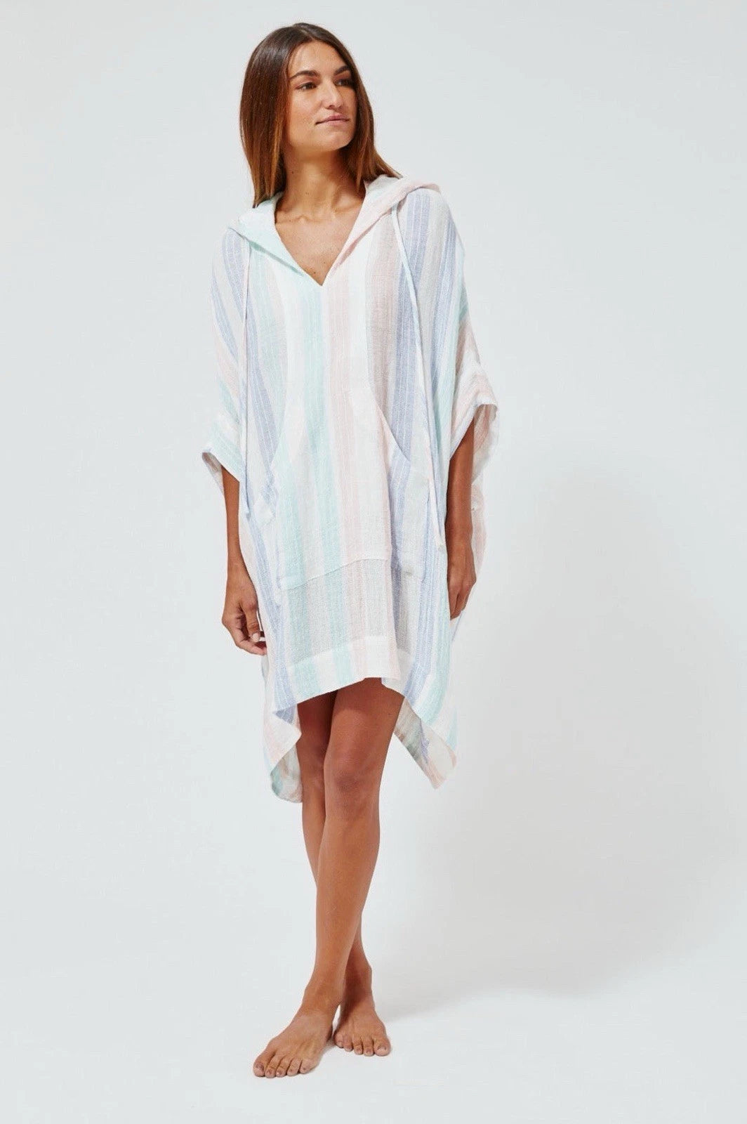 Lisa Marie Fernandez Hooded Poncho In Multi Stripe Linen Size Small