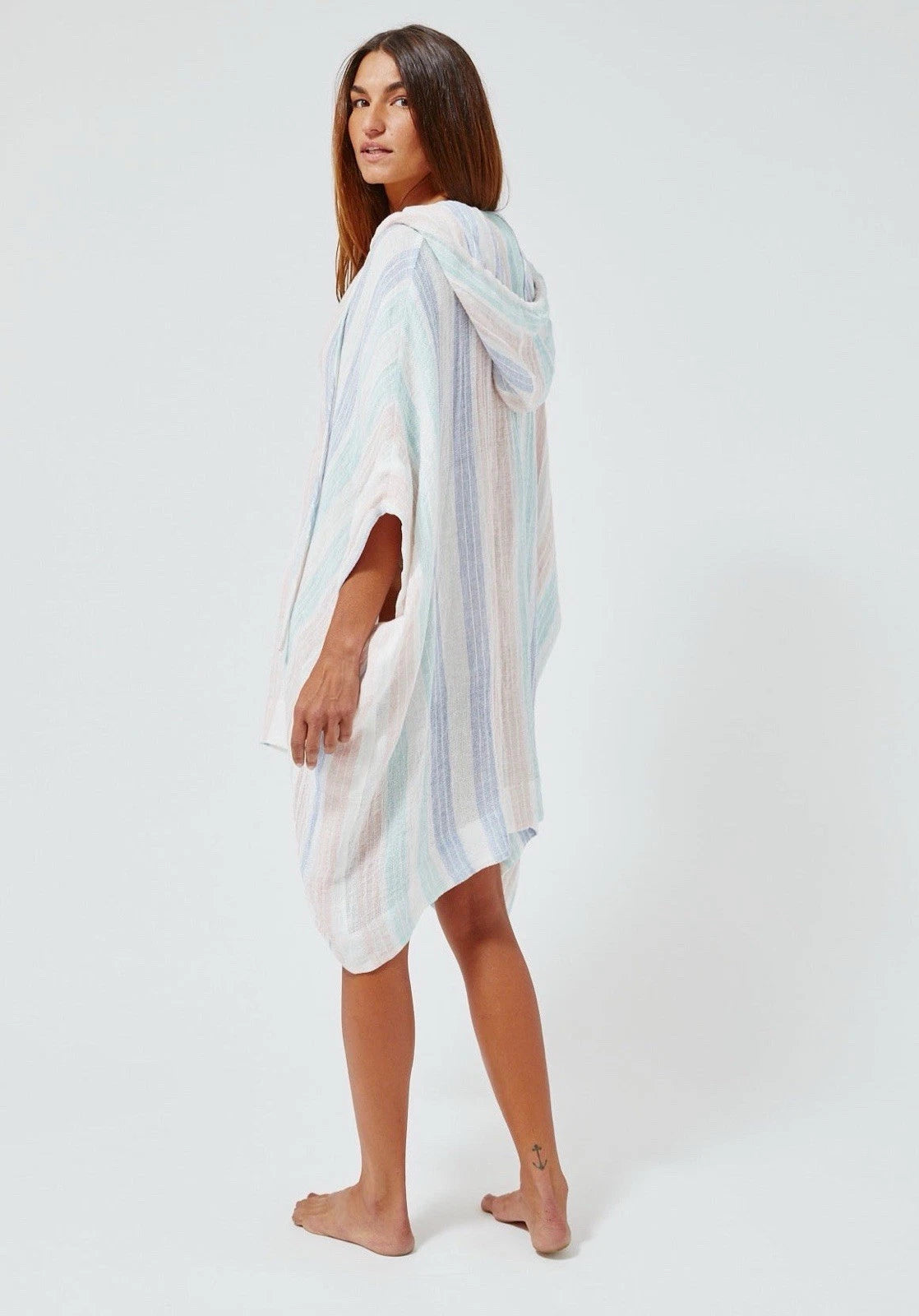 Lisa Marie Fernandez Hooded Poncho In Multi Stripe Linen Size Small