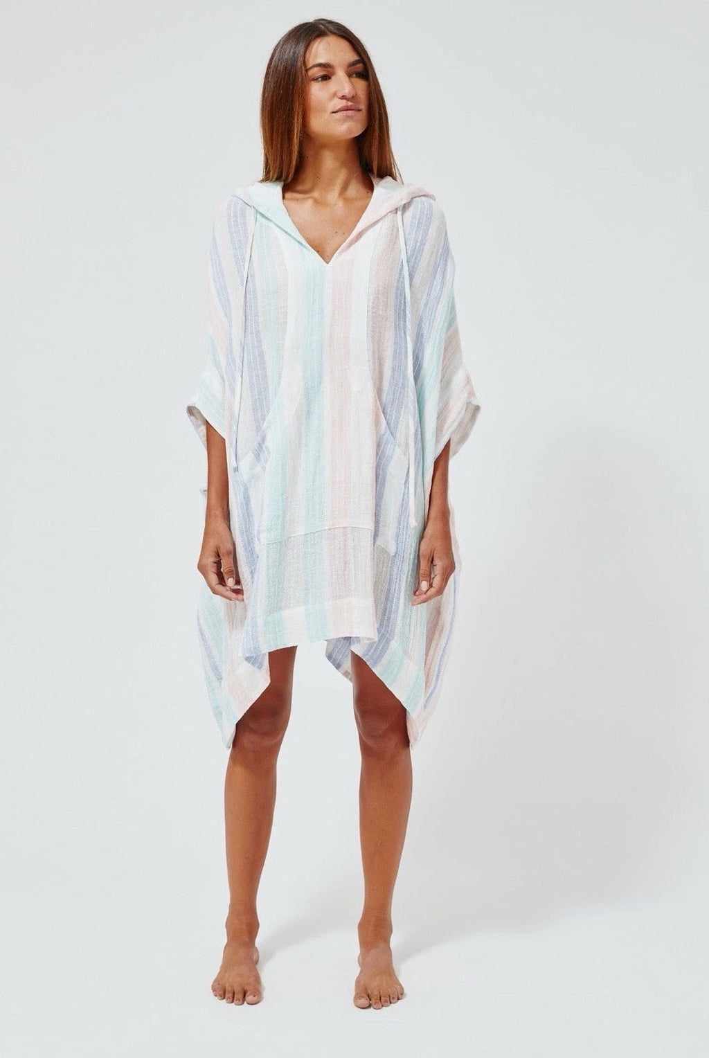 Lisa Marie Fernandez Hooded Poncho In Multi Stripe Linen Size Small